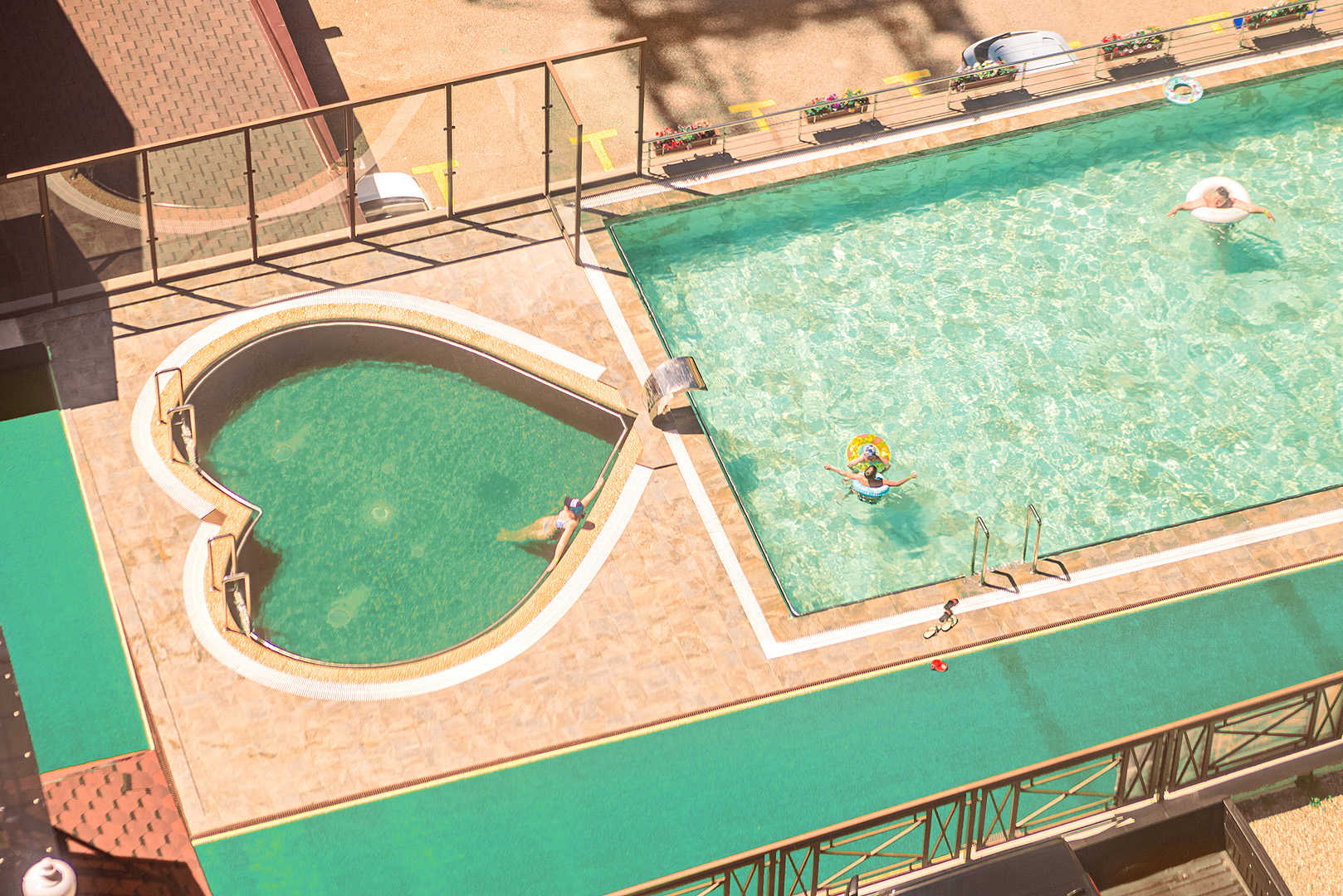 Drone view over a resort pool